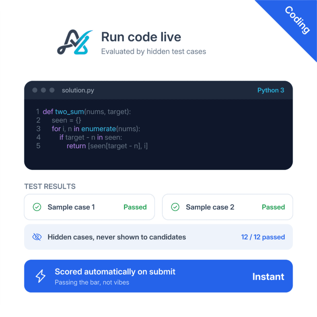 Run code live, evaluated by hidden testcases